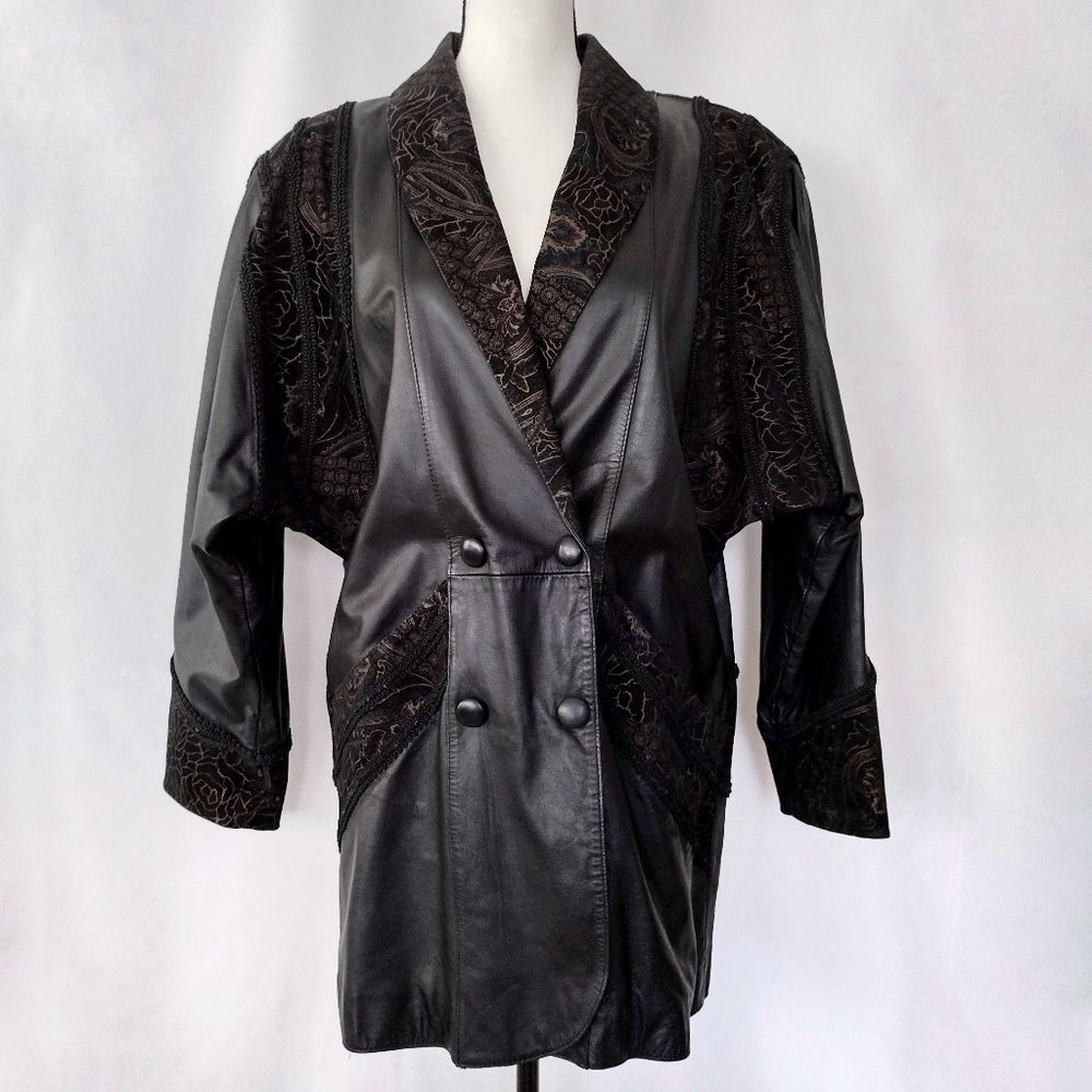 Vintage 1980s Black Leather & Suede Oversized Double Breasted Coat M /L